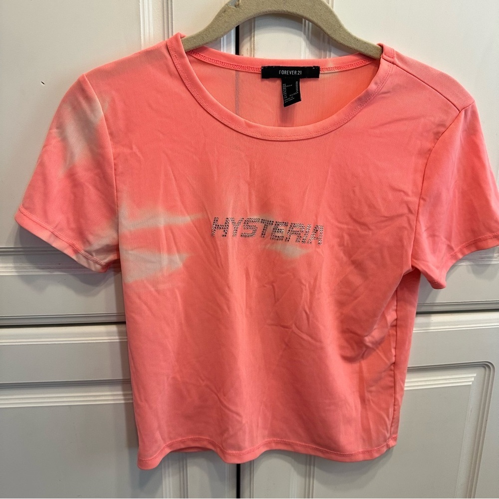 Forever 21 Coral Pink 'HYSTERIA' Crystal Graphic Tee, Size: M